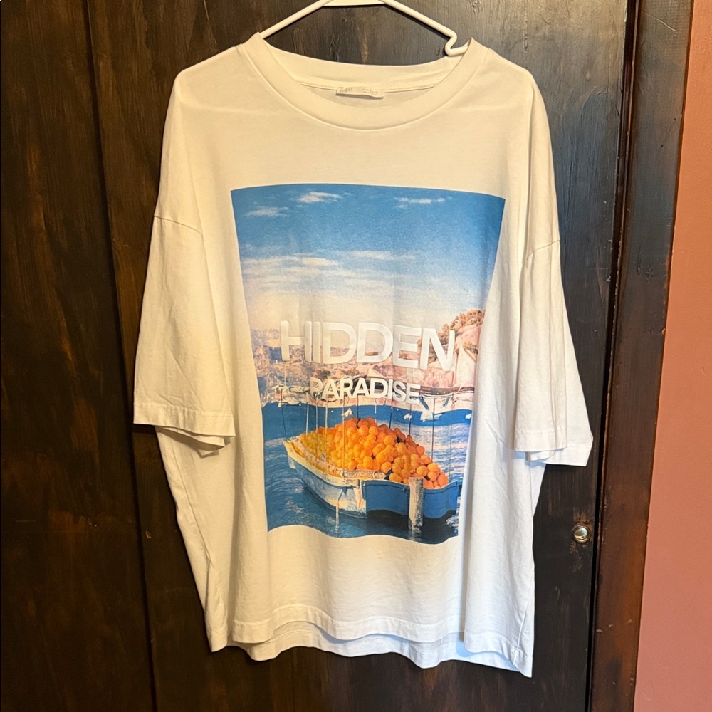 Zara White and Blue Graphic Tee